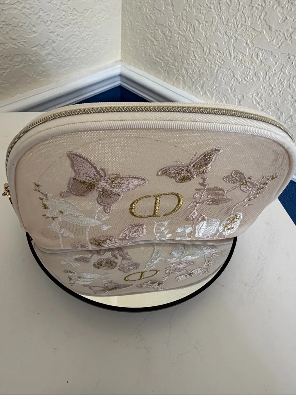 Dior Embroidered Butterfly Cosmetic Pouch - Cream & Gold and Gift Bag GWP